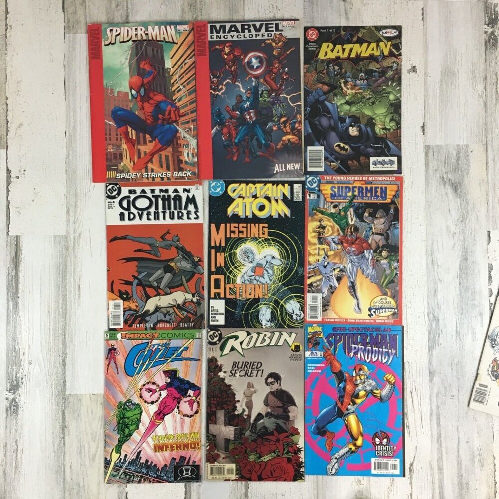 Lot of 9 Comics Marvel All Ages Encyclopedia Spiderman Prodigy DC Batman Comet